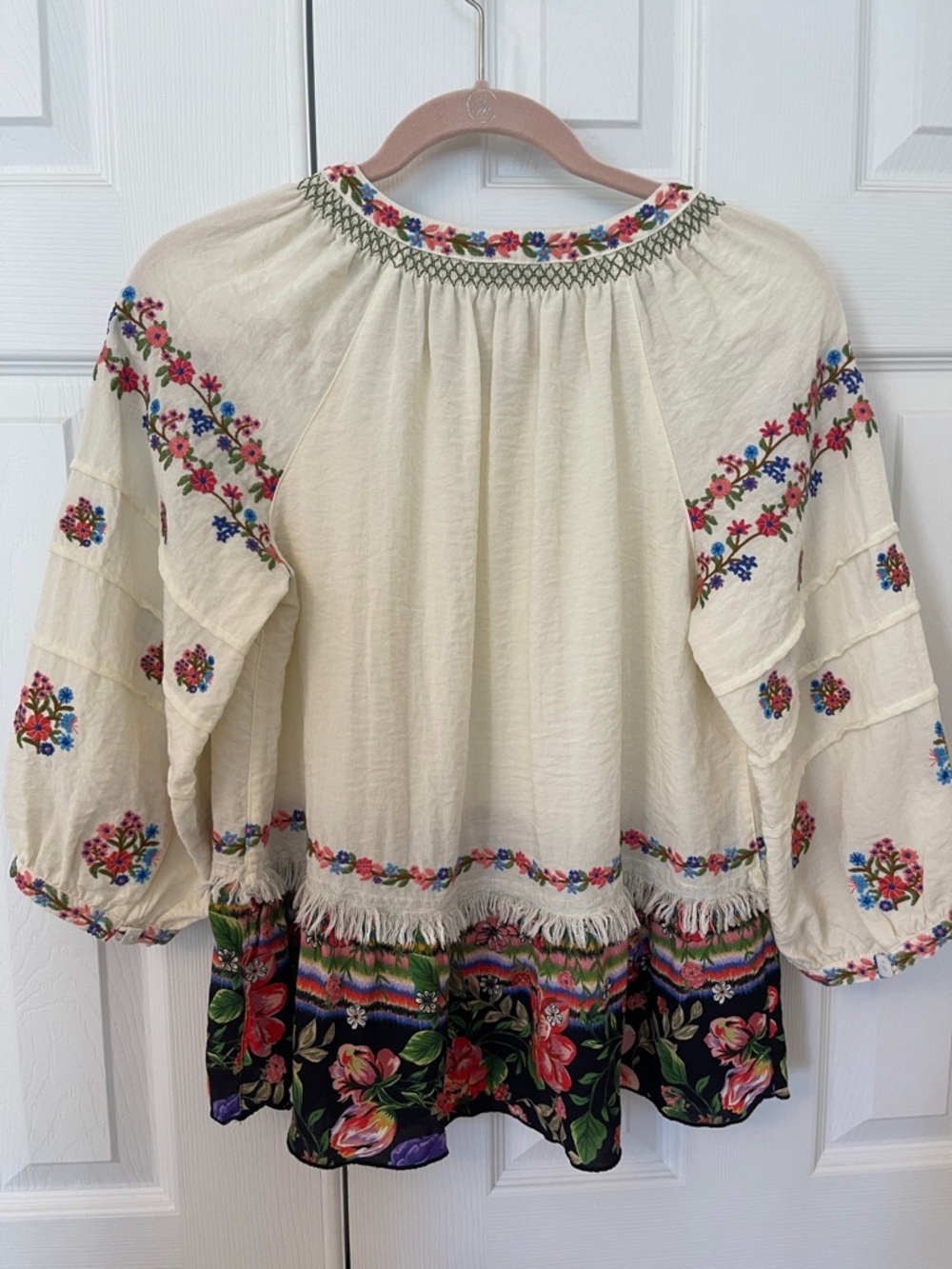 John Mark Boho Embroidered Cream Floral Fringe Top - Picture 7 of 12